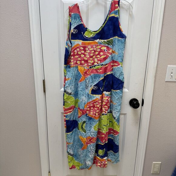 Jams World Midi Dress Womens L Geometric Fish Print Pockets Hawaiian Beach VTG - Picture 1 of 14